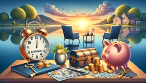 A calm lakeside scene during sunset features two empty chairs, a table, a house, an alarm clock labeled "Retirement," a piggy bank, coins, a chest, a plant with a dollar sign, and banknotes. This idyllic setting embodies the dream to retire by 50 and enjoy early retirement’s peace and tranquility.