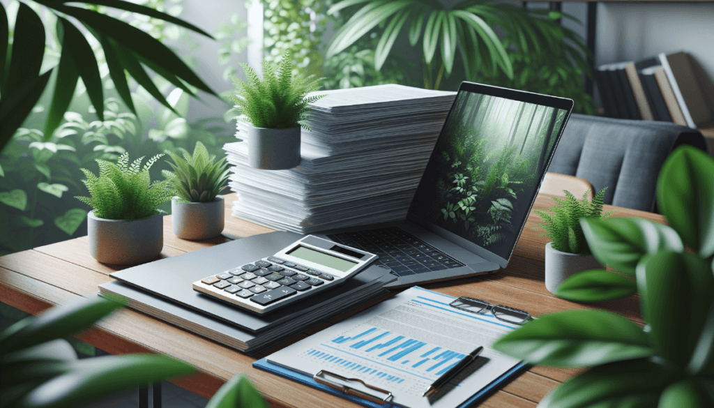 A desk with a laptop displaying a forest scene, surrounded by potted plants, hints at early retirement dreams. A stack of papers, a calculator, and a document with graphs lie on the wooden surface—a workspace balancing nature and numbers.
