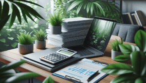 A desk with a laptop displaying a forest scene, surrounded by potted plants, hints at early retirement dreams. A stack of papers, a calculator, and a document with graphs lie on the wooden surface—a workspace balancing nature and numbers.