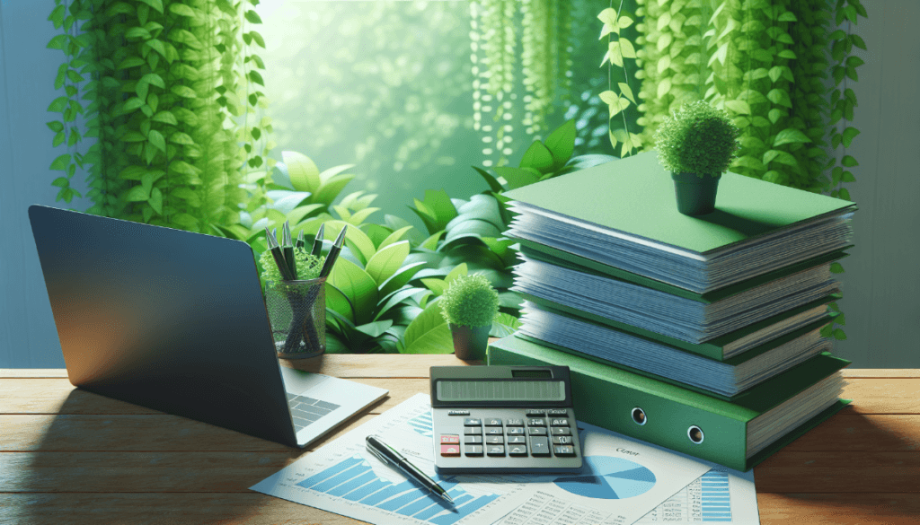 A wooden desk with a laptop, calculator, pen, and financial documents reflects the pursuit of early retirement. Nearby, a stack of green binders and small potted plants hints at health insurance considerations. Lush greenery is visible in the background.