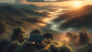 A wooden cabin with lit windows nestles among lush green hills, surrounded by misty valleys and a meandering river. As the sun sets over the mountain landscape, casting a warm glow, it's the perfect retreat for those dreaming of early retirement in serene beauty.
