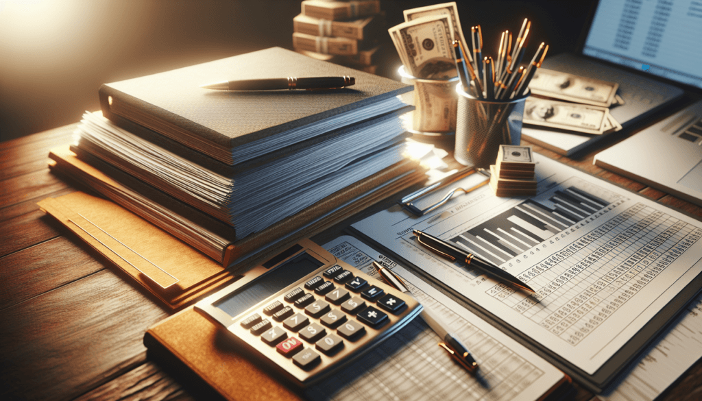 A desk with financial spreadsheets, a calculator, stacks of books, and pens in a holder is meticulously arranged for planning early retirement. Paper clips and dollar bills add to the scene, all illuminated by a warm light.