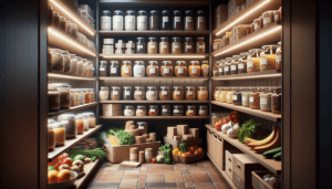 A well-organized pantry showcases the fruits of early retirement, with jars of grains, spices, and legumes neatly arranged on shelves, and baskets brimming with fruits and vegetables on the floor.