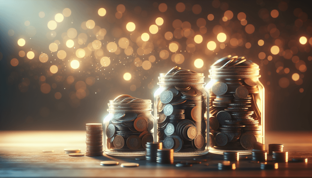 Three glass jars filled with assorted coins stand proudly on a wooden surface, symbolizing the journey toward early retirement. Warm, golden bokeh lights lend a soft background glow, evoking dreams of future financial freedom.