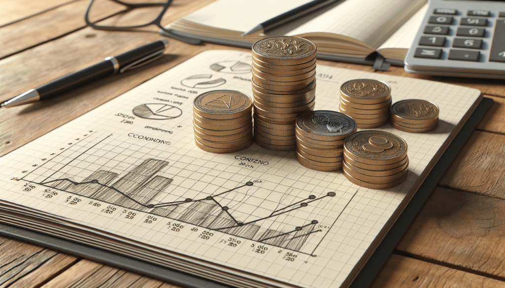 Stacks of coins on a notebook with financial graphs, a pen, and a calculator on a wooden desk.