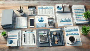 An organized desk with financial documents, charts, calculators, notepads, coins, pens, a coffee cup, a smartphone, and small potted plants arranged neatly.