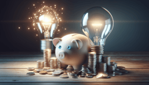 A piggy bank surrounded by stacks of coins stands between two large light bulbs, one glowing with sparks.