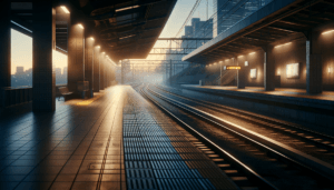 Empty train station platform at sunrise, featuring glowing lights, multiple tracks, and a city skyline in the background.