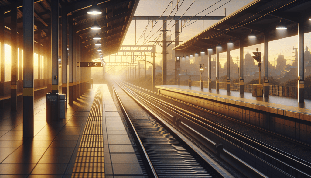 Empty train station platform at sunrise with tracks extending into the distance, city skyline in the background, and sunlight streaming through the metal beams.