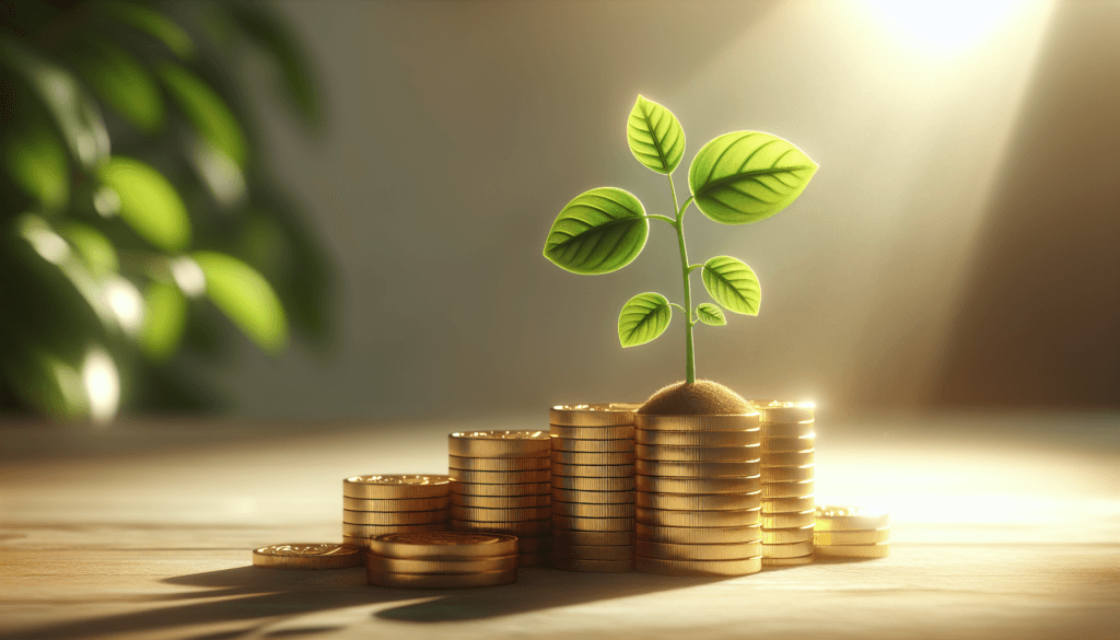 A small plant growing from a stack of gold coins under sunlight symbolizes financial growth and smart investment strategies, paving the way for sustainability and early retirement against a green blurred background.