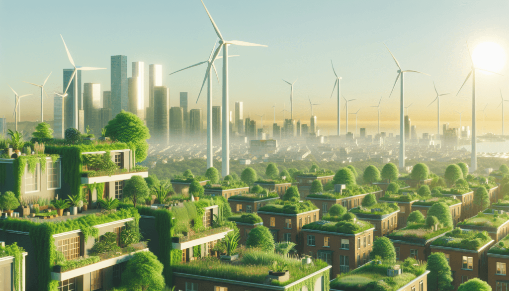 A cityscape with green-roofed buildings and wind turbines under a sunny sky highlights a vision of sustainable investment strategies, with towering skyscrapers in the background promising pathways to early retirement within an eco-friendly future.