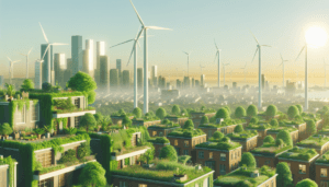A cityscape with green-roofed buildings and wind turbines under a sunny sky highlights a vision of sustainable investment strategies, with towering skyscrapers in the background promising pathways to early retirement within an eco-friendly future.