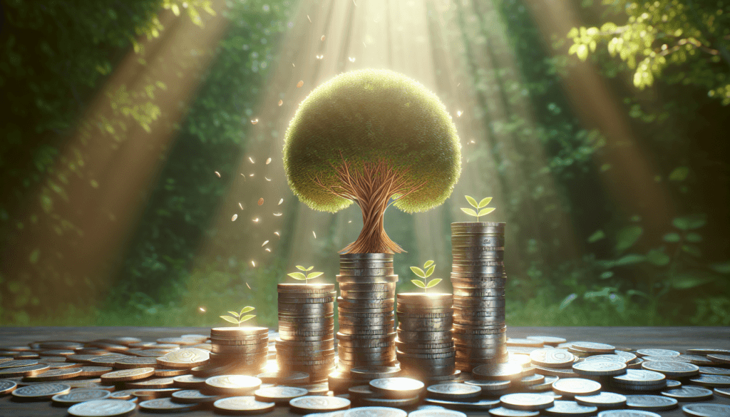 A tree and seedlings flourish from stacks of coins in a sunlit forest, symbolizing growth and prosperity through smart investment strategies.