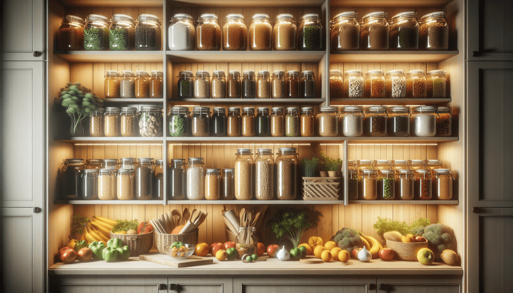 A well-organized pantry shelf with various jars of spices and dry goods. Below are fresh vegetables and fruits displayed on a wooden countertop.