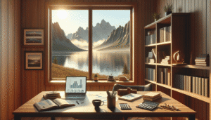 A tidy office with bookshelves, graphs, and office supplies on the desk overlooks a large lake, distant mountains, and a sunrise through a large window.