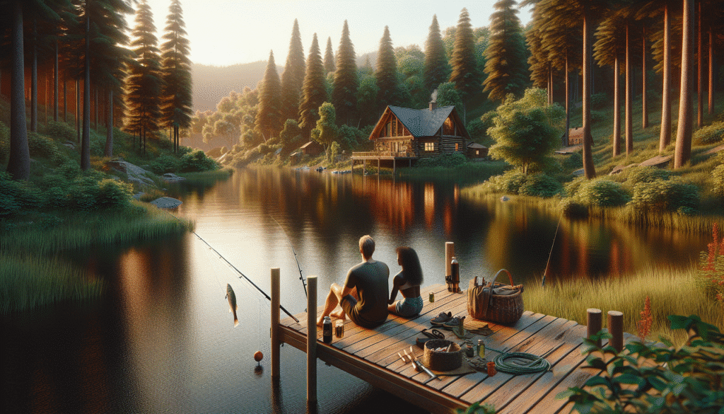 Two people sit on a wooden dock fishing, with one catching a fish, surrounded by trees and a lake, with a cabin in the background at sunset.