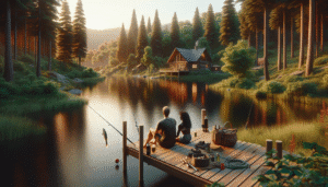 Two people sit on a wooden dock fishing, with one catching a fish, surrounded by trees and a lake, with a cabin in the background at sunset.