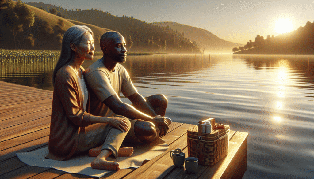 A couple sits on a dock by a lake at sunset with a picnic basket and cups beside them, surrounded by serene water and hills.