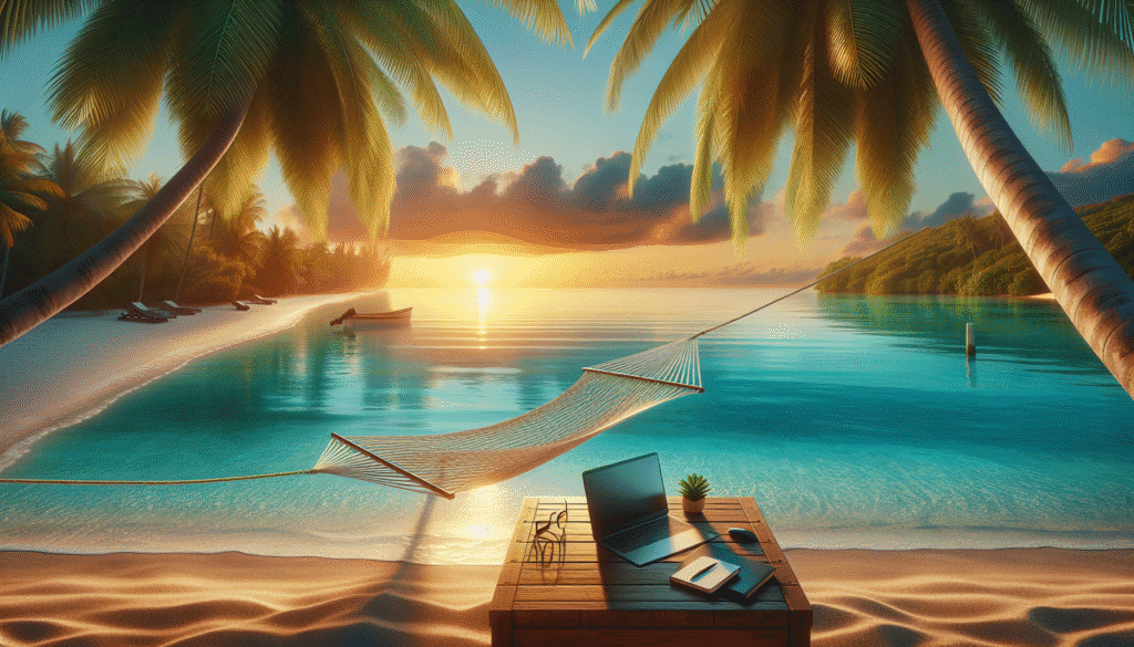 A laptop, notebook, and coffee cup on a wooden table sit by a hammock on a tropical beach at sunset, surrounded by palm trees and calm water.