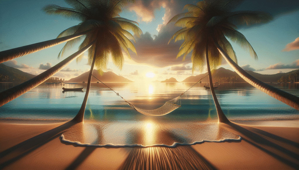 A hammock is tied between two palm trees on a sandy beach at sunset, with calm water, distant mountains, and a boat in the background.
