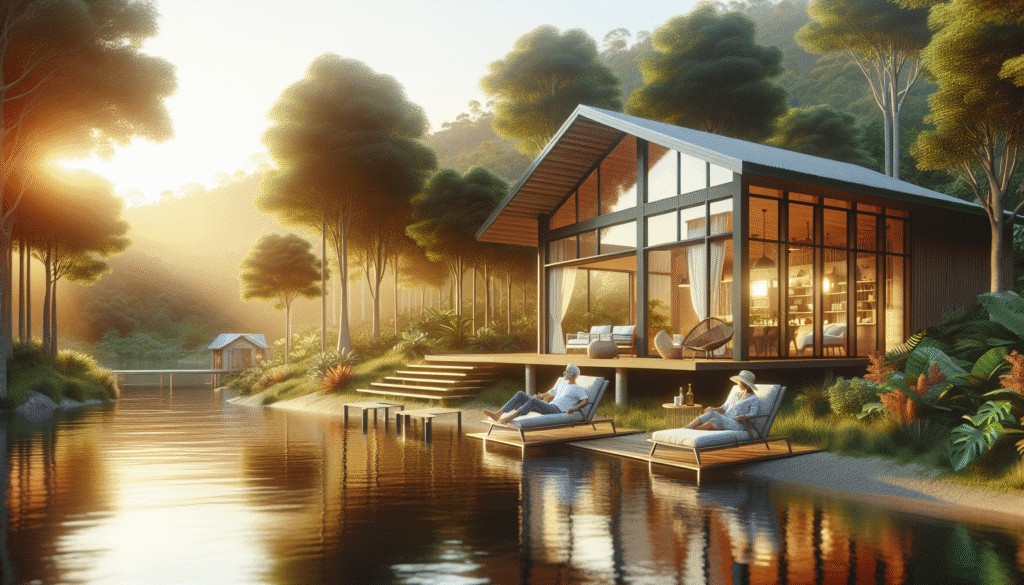 A modern lakeside cabin with large windows sits by the water, where two people relax on lounge chairs at sunset, surrounded by trees and calm scenery.