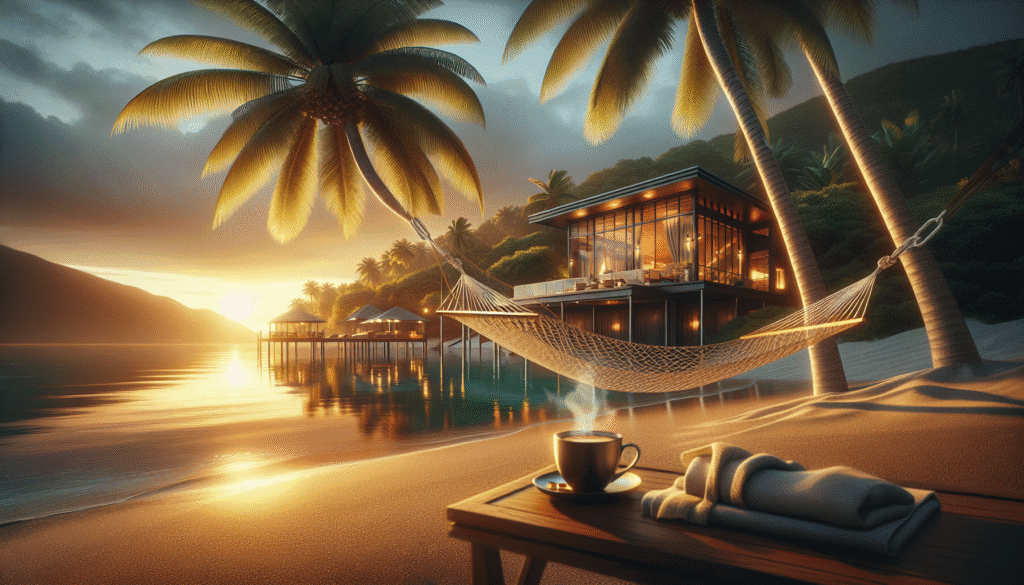 A hammock strung between palm trees on a sandy beach, with a cup of coffee and towel on a table, modern villas in the background, and the sun setting over calm water.