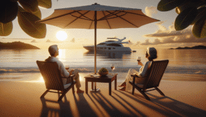 Two people sit in lounge chairs under an umbrella on a beach at sunset, holding wine glasses, with a yacht and an island visible in the calm water.