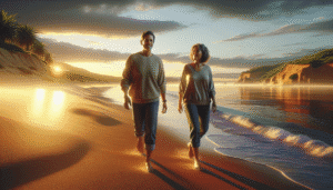 Two people walk barefoot along a sandy beach at sunset, with gentle waves and cliffs in the background under a partly cloudy sky.