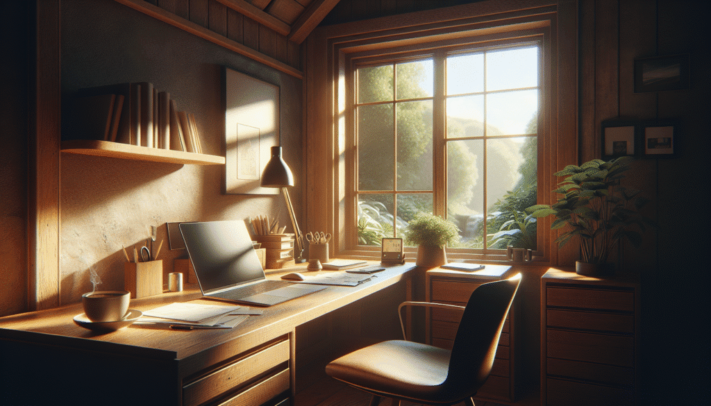 A tidy home office with a laptop, papers, and a coffee cup on a wooden desk, set by a large window overlooking a sunny, green garden.