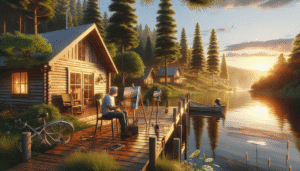 A person paints on an easel at a wooden cabin dock by a lake at sunset, with a bicycle, a boat, and pine trees in the background.