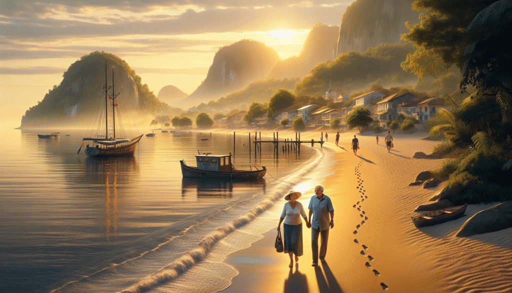 An elderly couple walks hand-in-hand along a sandy beach at sunset, leaving footprints behind. Boats are anchored near the shore, with coastal houses and mountains in the background.