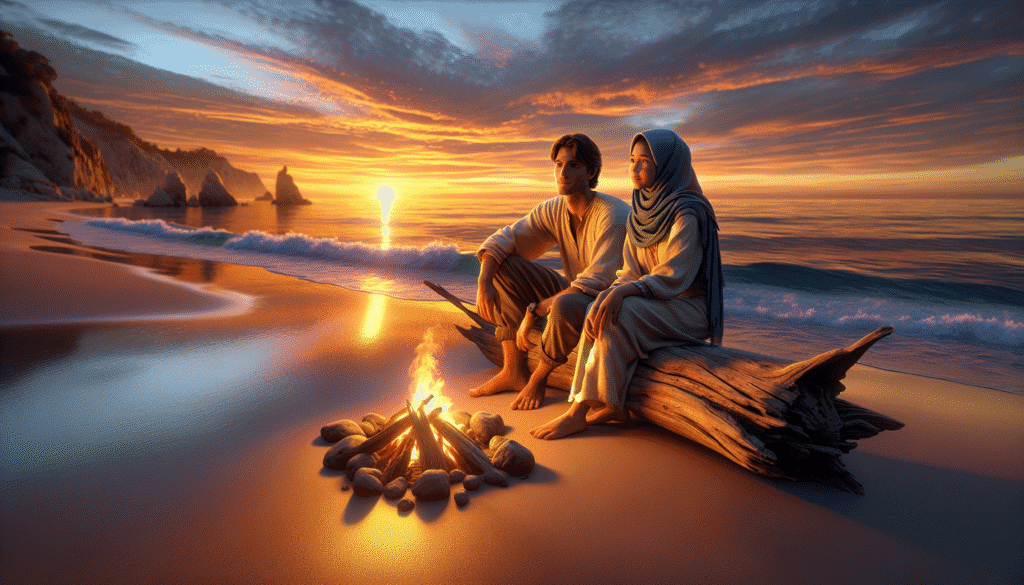 Two people sit on a log by a campfire on a beach at sunset, facing the ocean with dramatic clouds and cliffs in the background.