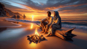 Two people sit on a log by a campfire on a beach at sunset, facing the ocean with dramatic clouds and cliffs in the background.