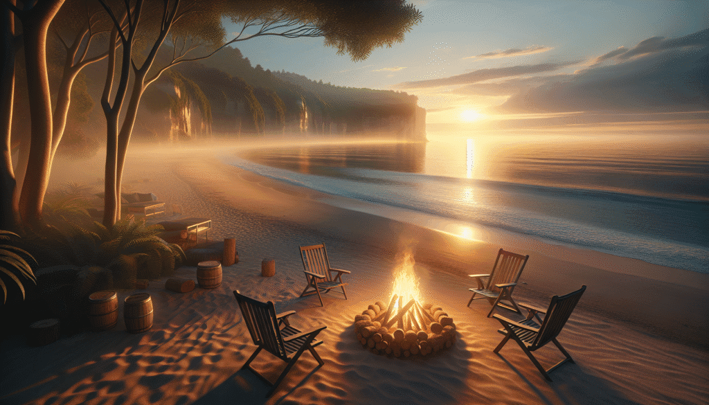 Wooden chairs and barrels surround a campfire on a sandy beach at sunset, with trees, cliffs, and calm ocean waves in the background.