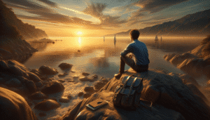 A person sits on a rocky shore at sunset, overlooking calm water with sailboats. A backpack and notebook rest beside them, with mountains and trees in the background.