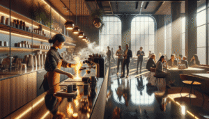A barista prepares coffee behind the counter in a modern, sunlit café filled with customers sitting at tables and standing in conversation.