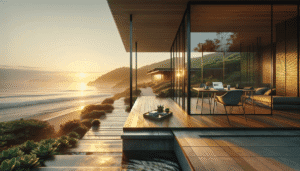 Modern glass house with a deck overlooking the ocean at sunset, featuring a laptop on a table, lounge seating, and lush greenery along the coastline.