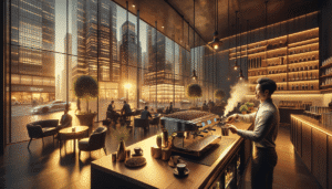 A barista prepares coffee in a modern, upscale café with large windows overlooking a busy city street and tall skyscrapers at sunset.