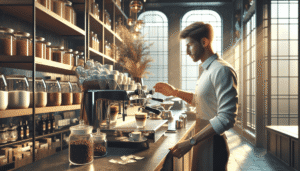 A barista in a modern coffee shop prepares an espresso at a professional machine, with shelves of jars and sunlight streaming through large windows.