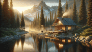 A cozy log cabin with smoke rising from the chimney sits beside a calm lake, surrounded by pine trees and mountains at sunrise.