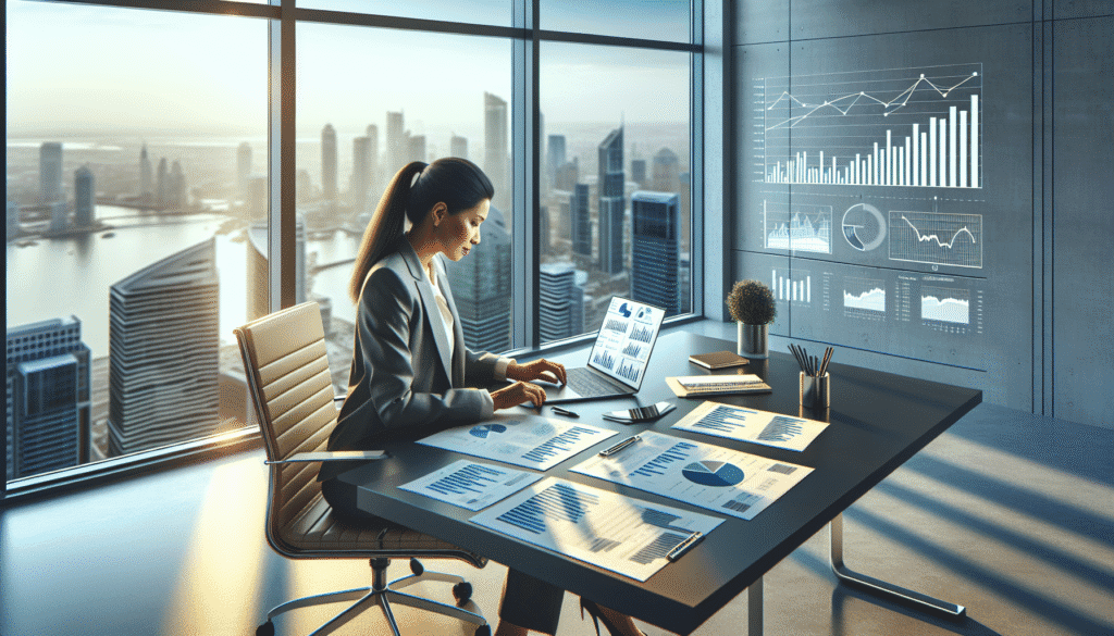 A businesswoman analyzes financial charts and graphs on paper and laptop at a modern office desk with city views and digital data displays on the windows.