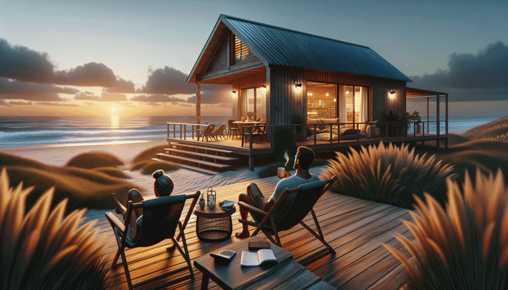 Two people sit on a deck outside a cozy beach cabin at sunset, with drinks and an open book on the table, overlooking the ocean and sand dunes.