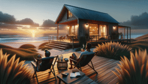 Two people sit on a deck outside a cozy beach cabin at sunset, with drinks and an open book on the table, overlooking the ocean and sand dunes.