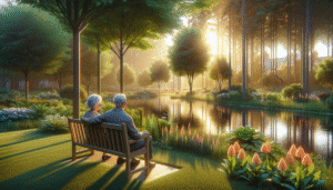 Two elderly people sit on a bench by a pond, surrounded by trees and plants, with sunlight streaming through the forested park.