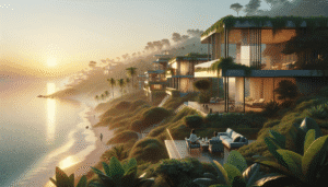 Modern cliffside villas overlook a serene beach at sunset, with lush greenery, outdoor seating areas, and a person walking along the shoreline.