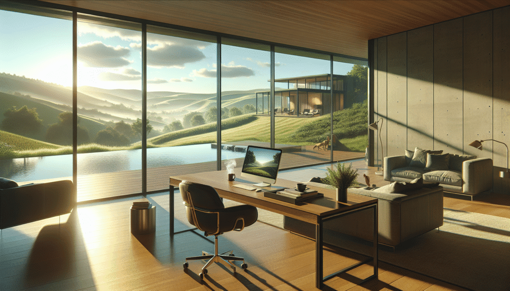 Modern home office with large glass walls overlooking hills, an infinity pool, and a distant house; sunlight streams into the minimal, stylish workspace.