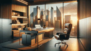 Modern office with a large desk, leather chair, computer, and bookshelves, overlooking a city skyline through floor-to-ceiling windows at sunset.
