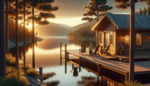 A wooden cabin with a dock sits beside a calm lake, surrounded by pine trees and mountains, at sunset. Two chairs face the water on the dock.