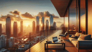 Modern city skyline at sunset viewed from a balcony with a laptop, wine glasses, and seating area in the foreground.