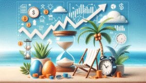 A beach scene with plants, an hourglass, clocks, coins, and a rising graph, symbolizing financial growth, investment, and time management—a perfect visual for a step-by-step guide to building your retirement plan.